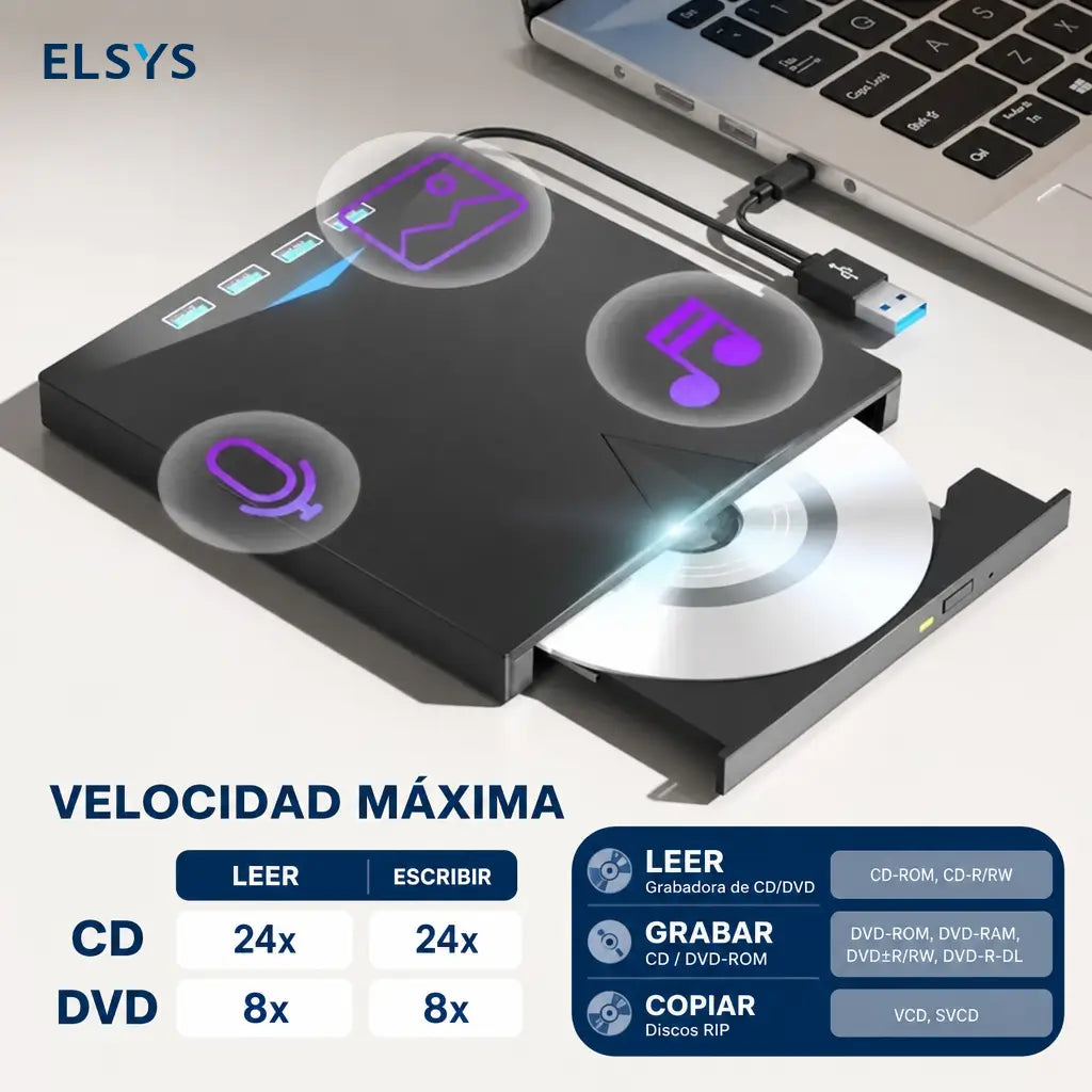 Unidad de DVD externa 7 en 1 con USB 3.0 y USB-C para laptop, PC y respaldo de discos en casa u oficina