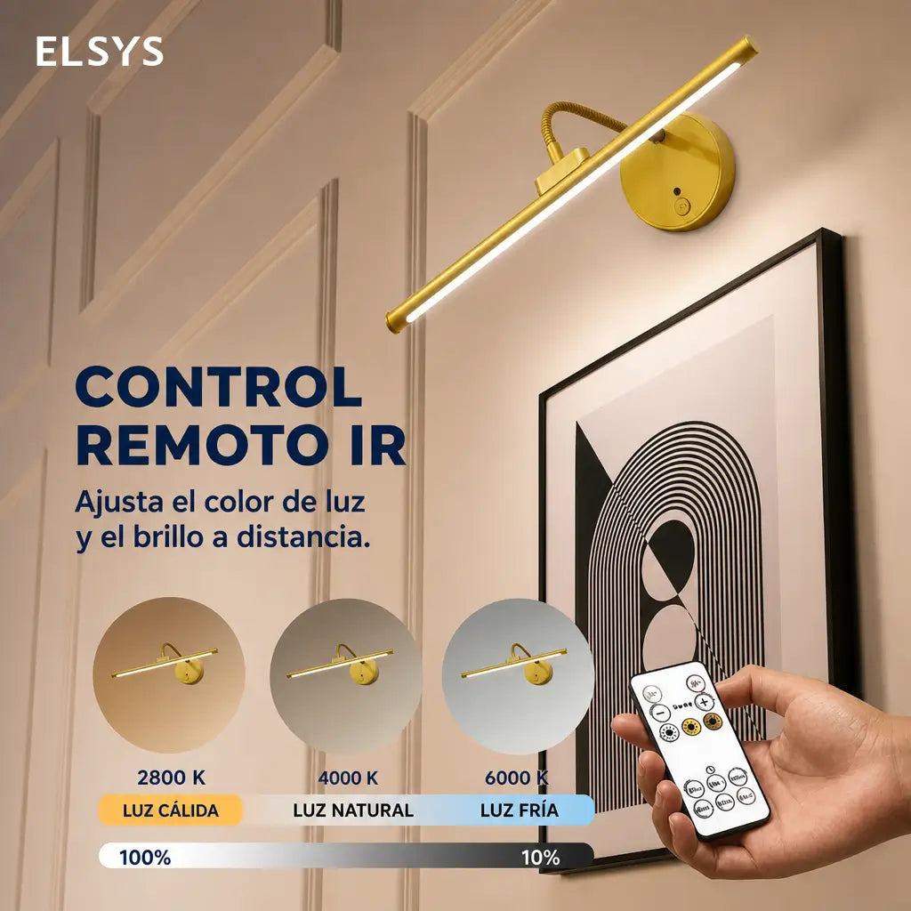 Lámpara de pared recargable USB para cuadros con control remoto, luz ajustable y rotación 360° para arte y decoración interior