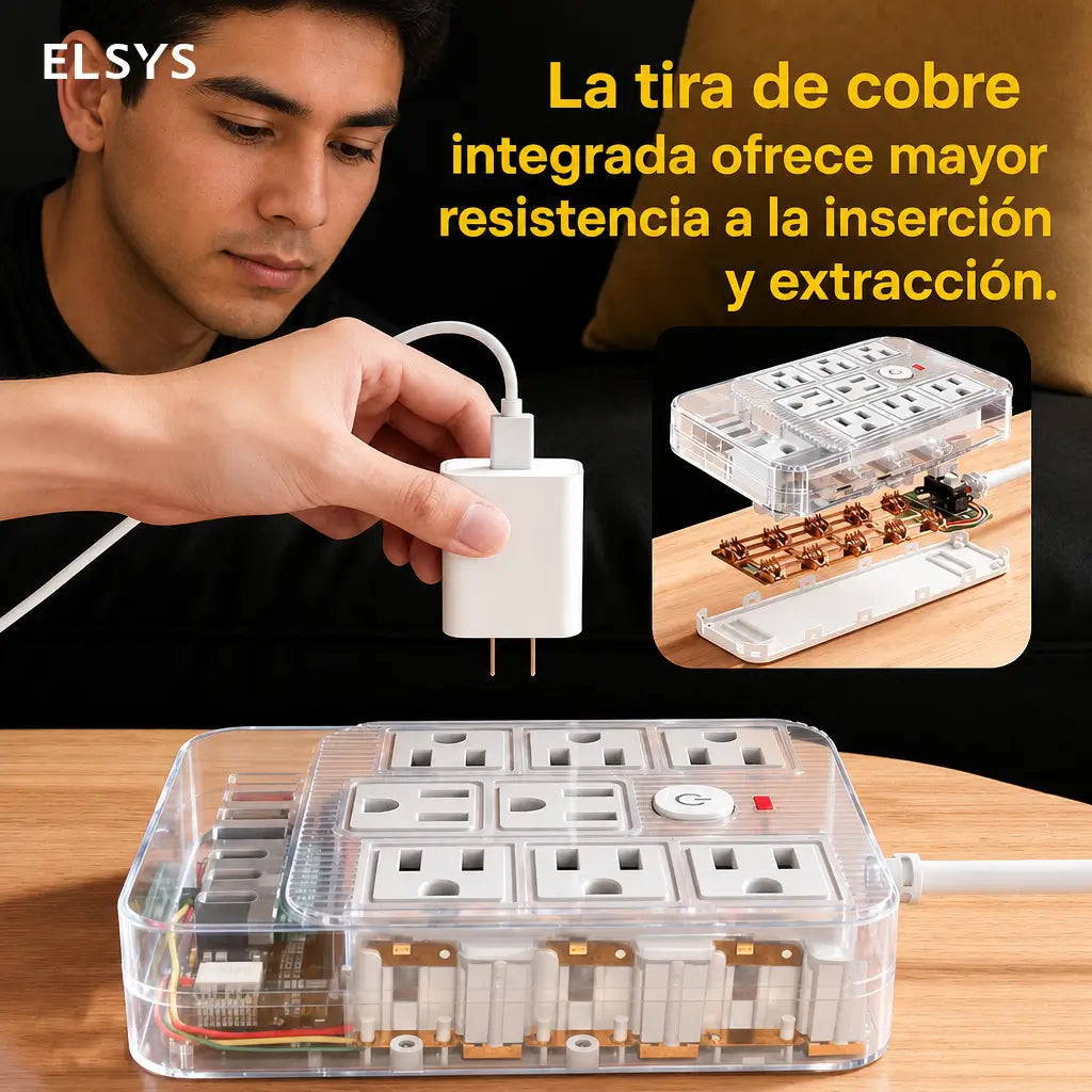 Multicontacto 15 en 1 con 8 tomas, USB-C y protección contra sobretensión para cargar varios equipos en oficina, casa y viajes