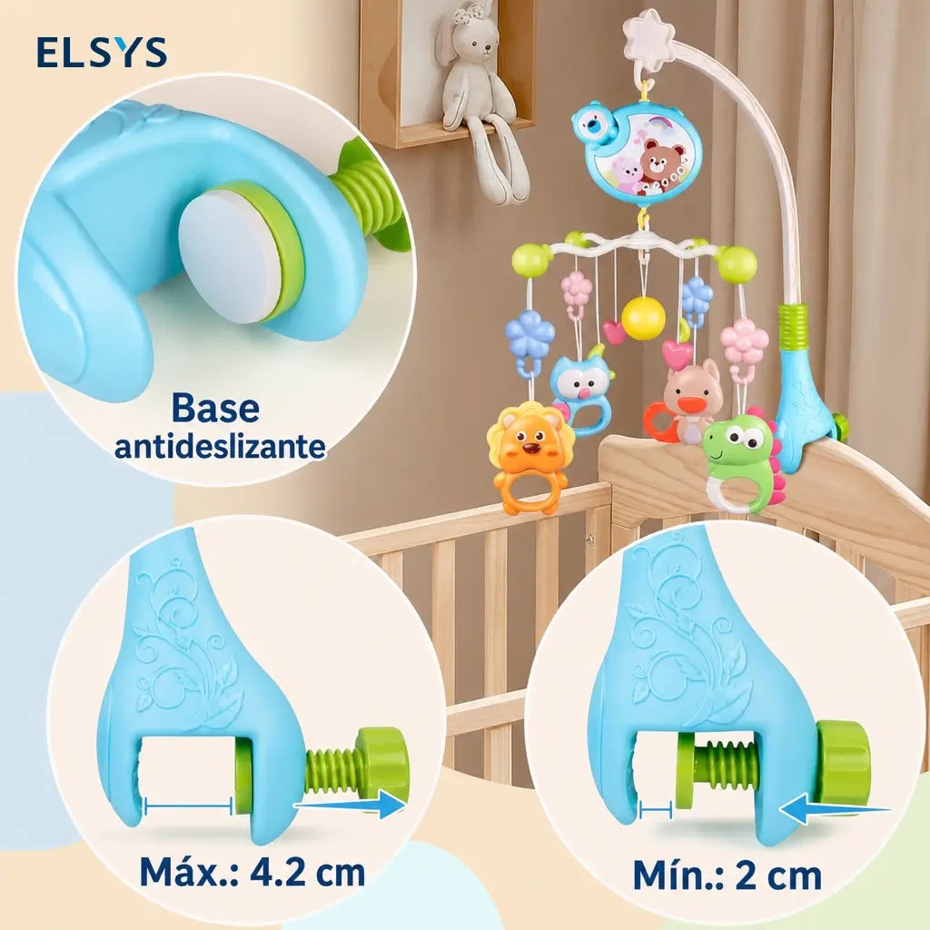 Carrusel musical para cuna y moisés con luces, proyección, temporizador, mordederas removibles y control remoto para bebés pequeños