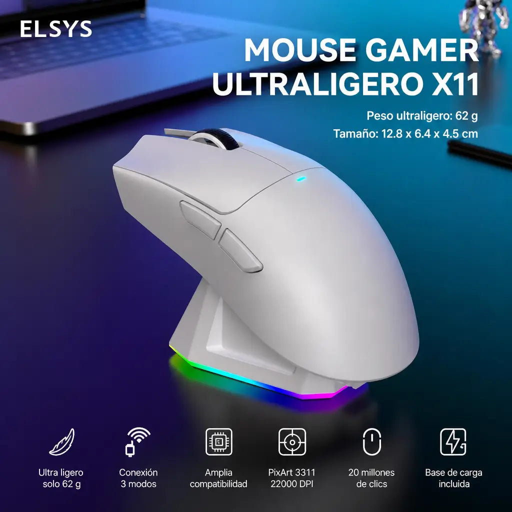 Mouse gamer inalámbrico X11 con base de carga, luz RGB y sensor óptico para juego competitivo y trabajo productivo en casa u oficina