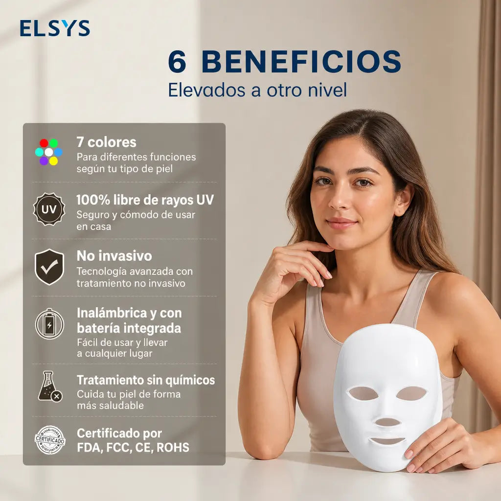 Mascarilla facial LED de fototerapia 7+1 colores con 90 luces y carga inalámbrica para rutina de skincare diaria práctica