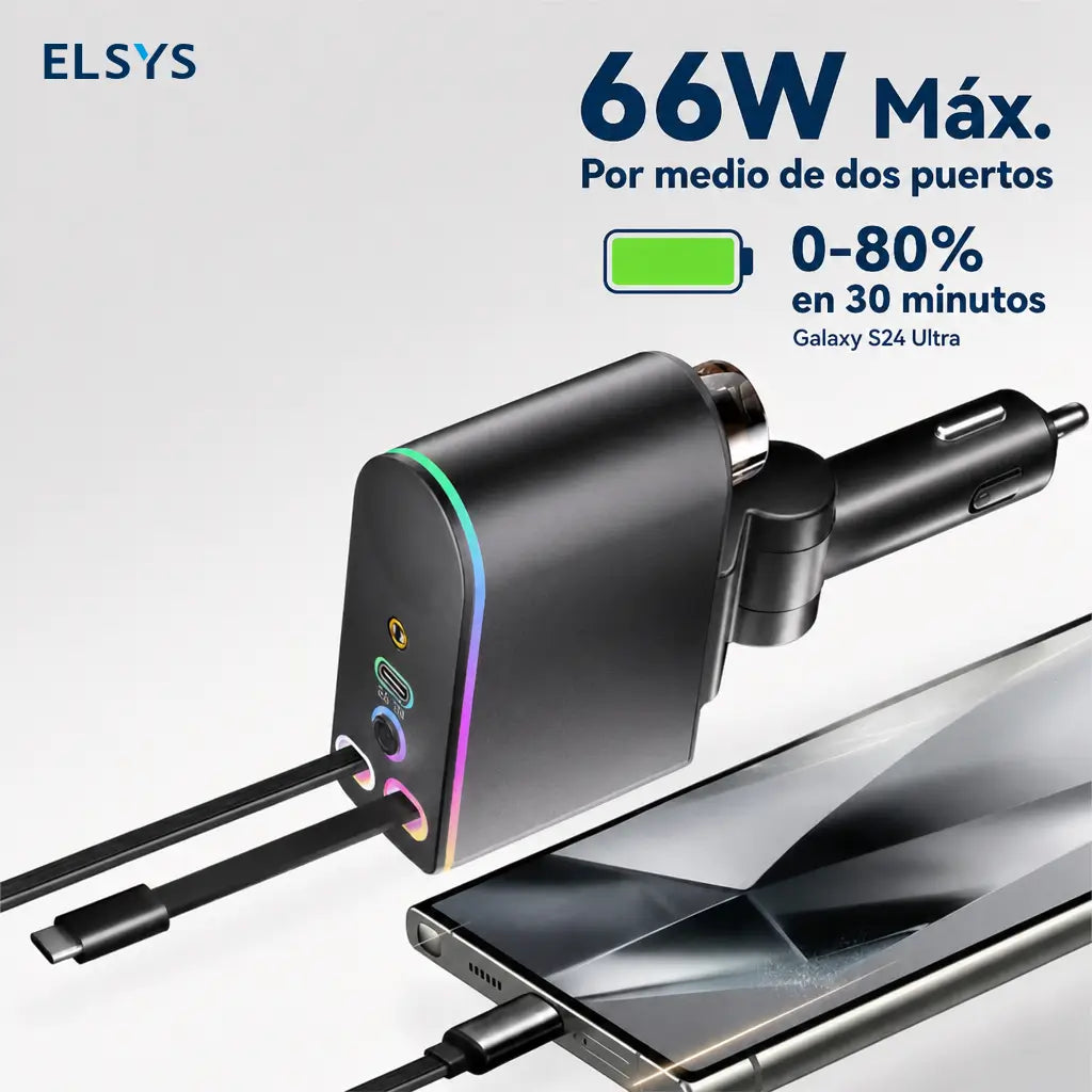 Cargador retráctil para auto 66W con USB-C y Lightning, difusor aromático y luz estrellada para cargar tu celular sin enredos diarios