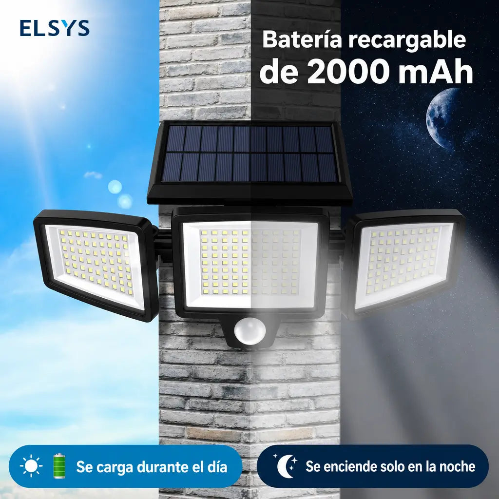 Lámpara solar exterior de seguridad 2500 lm con 3 cabezales ajustables, sensor PIR y control remoto para patios y cocheras