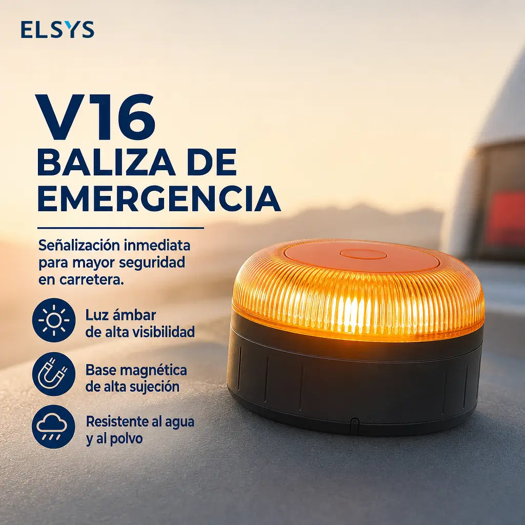 Baliza V16 geolocalizada con SIM y luz 360° certificada DGT para emergencias en carretera con Type-C y baterías AA del auto