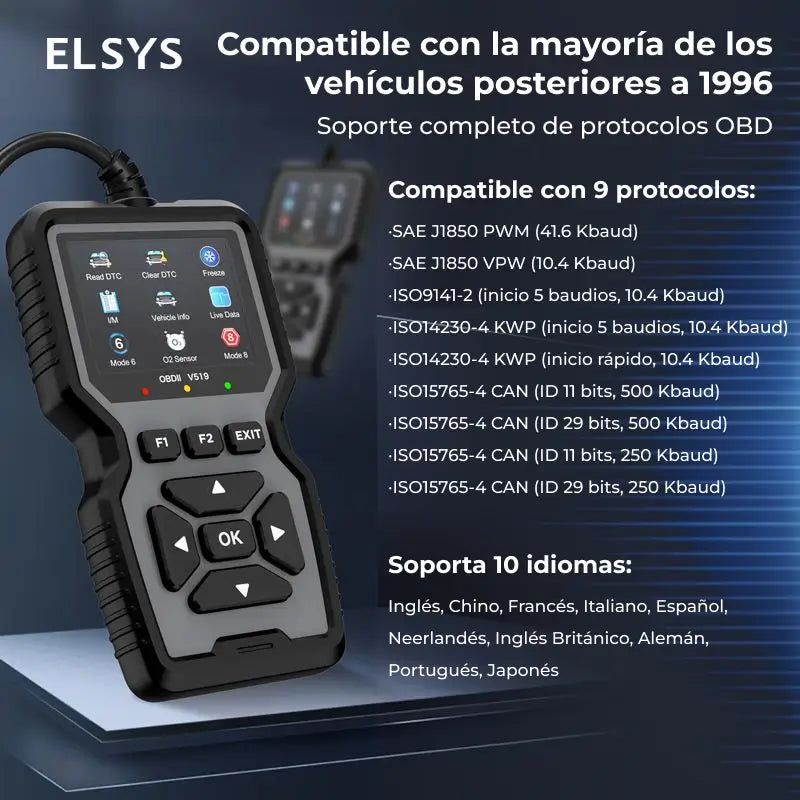 Escáner automotriz OBD2 V519 con pantalla LCD, datos en tiempo real y lectura de códigos para autos desde 1996, sin usar batería
