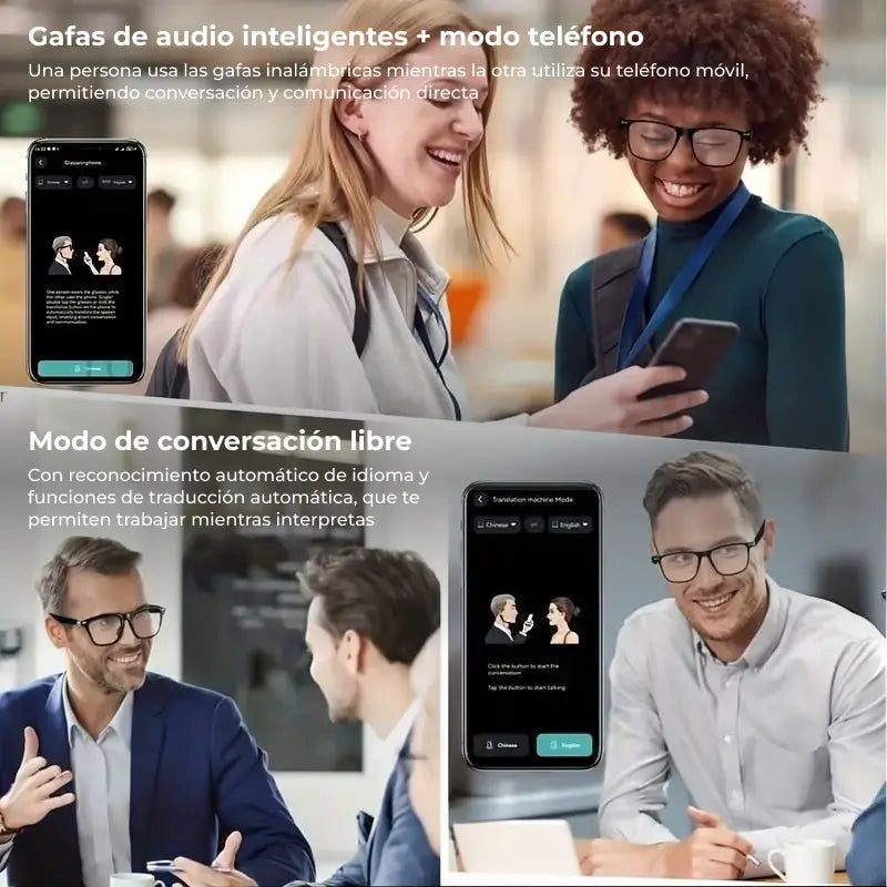 Lentes Inteligentes con IA, Traducción de 160 Idiomas, Audio para Hombre y Mujer, Micrófono y Altavoz, Llamadas HD y Música Hi-Fi, Manos Libres, Micas Fotocromáticas, Ideales para Ciclismo, Conducir y Viajes