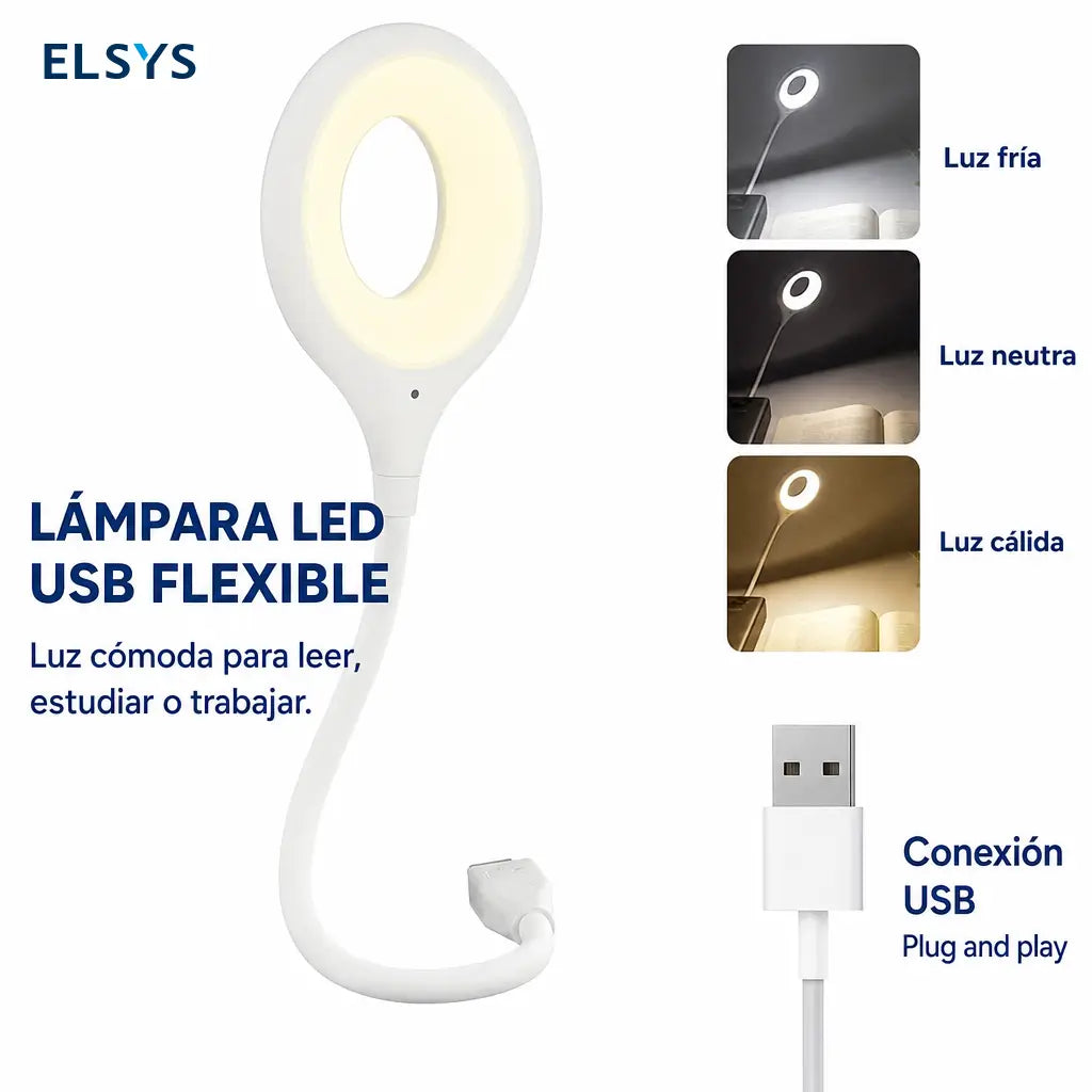 Lámpara LED USB de cuello flexible con control por voz y luz cálida regulable para lectura nocturna en cama, oficina o estudio