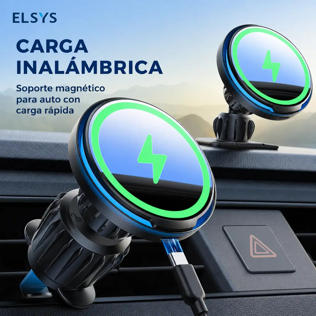Cargador inalámbrico magnético 15W para auto con soporte ajustable 360° y montaje 3 en 1, ideal para iPhone en viajes diarios