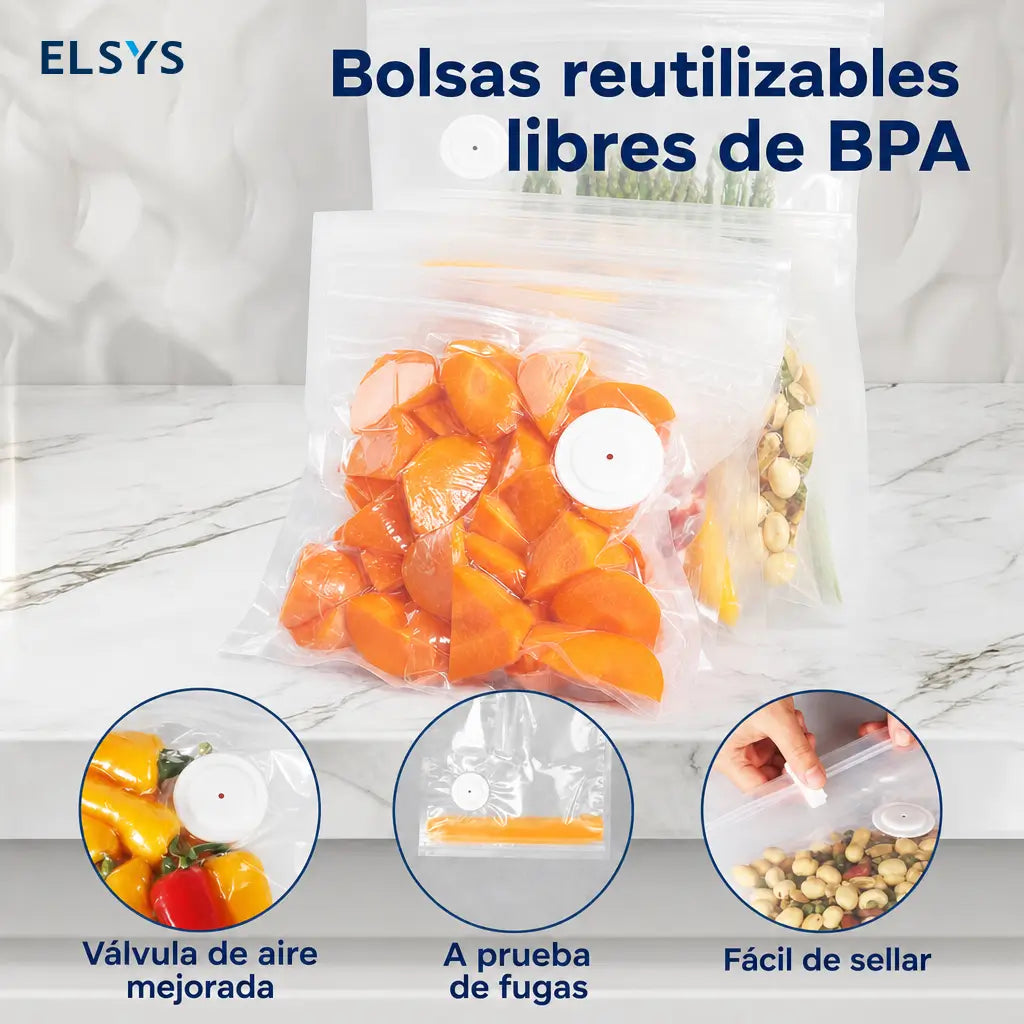 Selladora al vacío portátil USB-C con bolsas reutilizables para conservar comida y meal prep