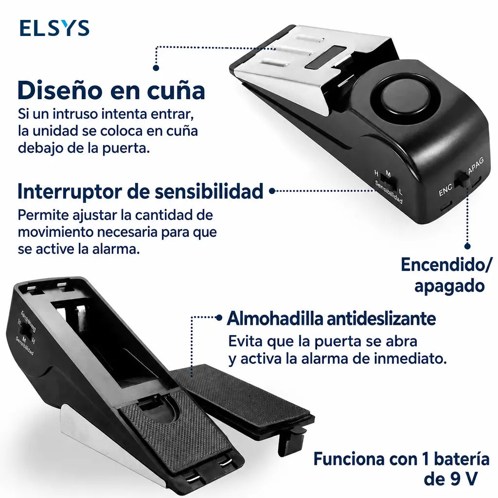 Tope de puerta con alarma 120 dB y base antiderrapante para proteger entradas en casa, oficina o habitación de hotel sin instalación complicada