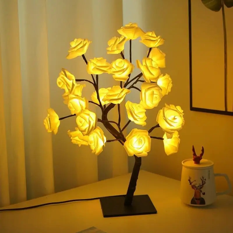 Lámpara de Noche con Diseño de Árbol de Rosas, Lámpara de Mesa USB, Luces Decorativas de Interior para Recámara, Regalo de San Valentín y Decoración del Hogar