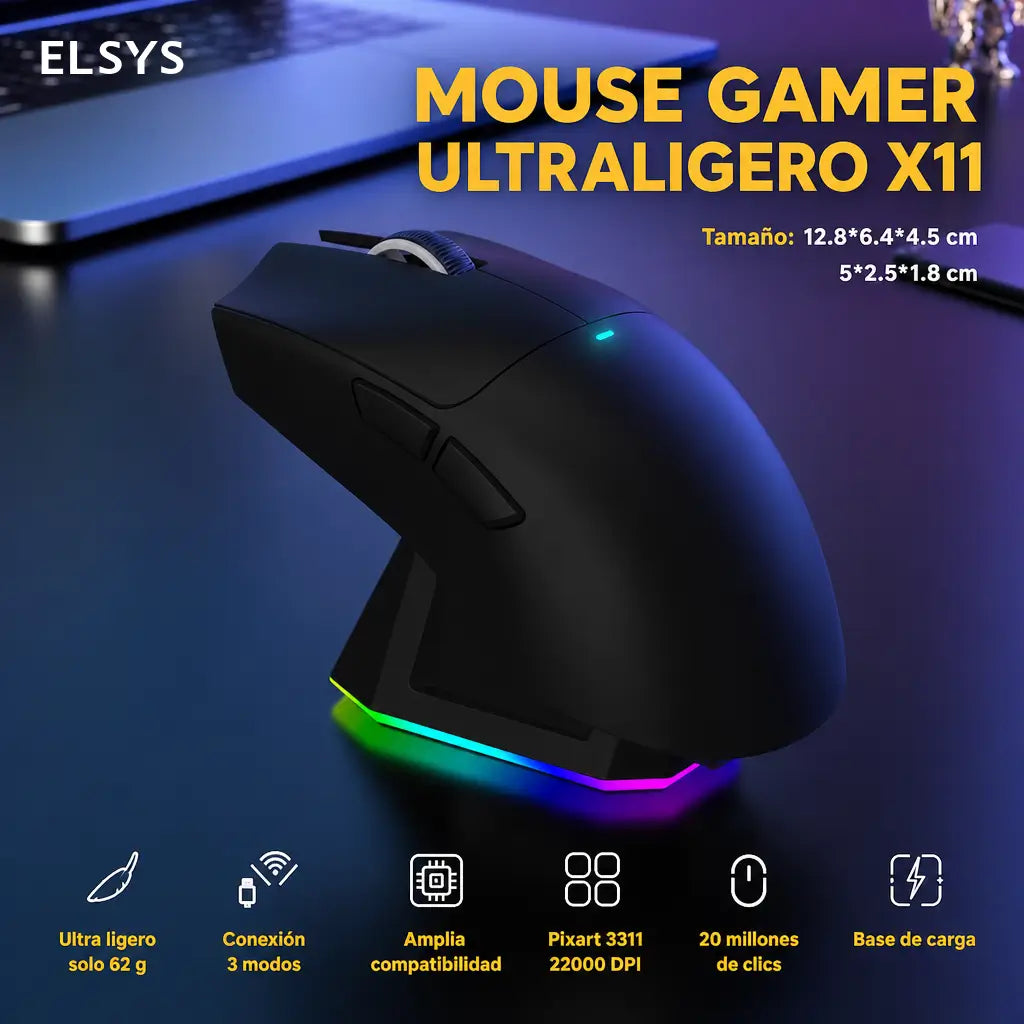 Mouse gamer inalámbrico X11 con base de carga, luz RGB y sensor óptico para juego competitivo y trabajo productivo en casa u oficina