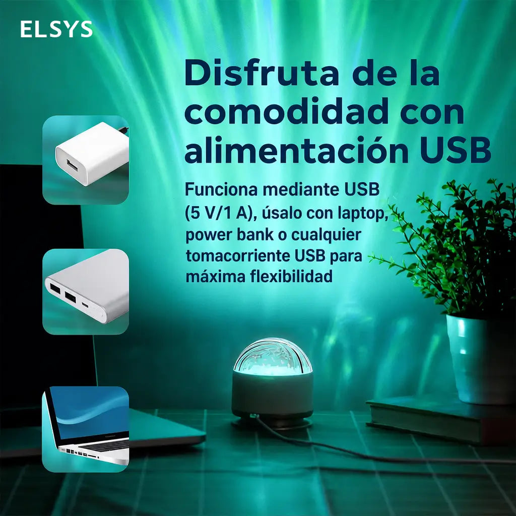 Lámpara proyectora USB de aurora boreal y ondas oceánicas con control remoto y brillo ajustable para cuartos infantiles, fiestas y noches románticas