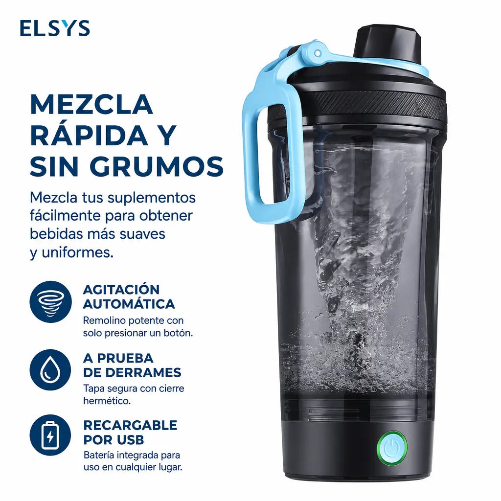 Shaker eléctrico para proteína con mezcla sin grumos, carga USB-C y tapa antifugas para gimnasio, oficina y batidos post entrenamiento