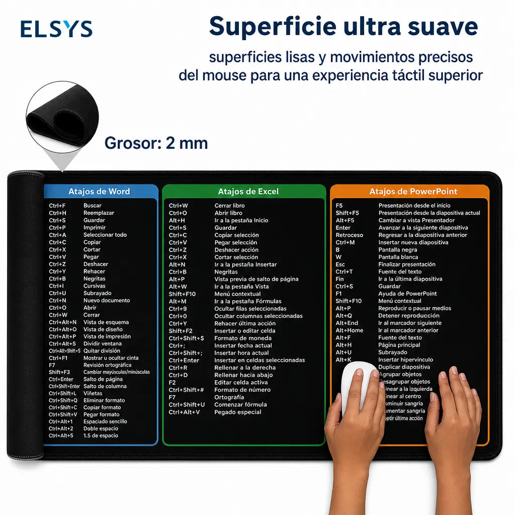 Tapete XXL para escritorio con atajos de Excel, base antideslizante y borde cosido para oficina, gaming y productividad diaria en computadora