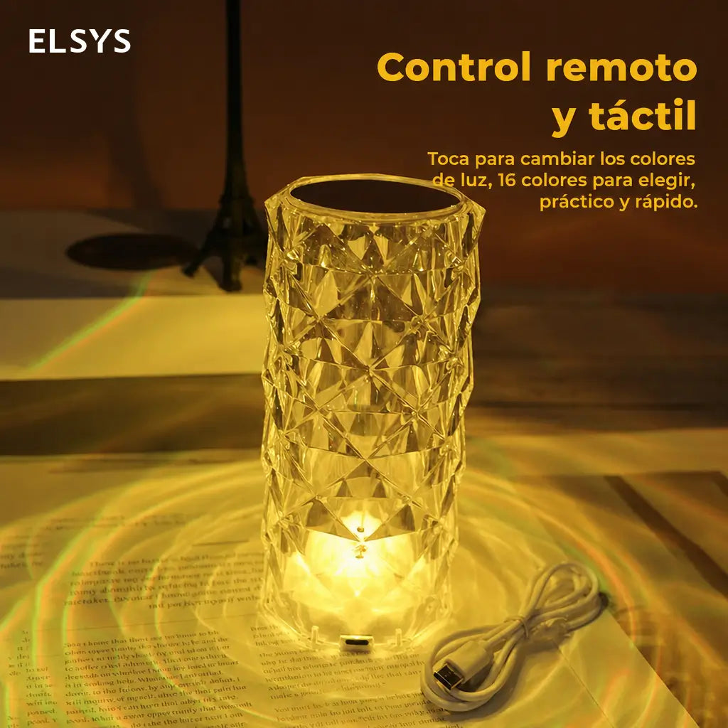 Lámpara de mesa LED tipo cristal rosa diamante RGB con control remoto y sensor táctil para ambiente en recámara y sala