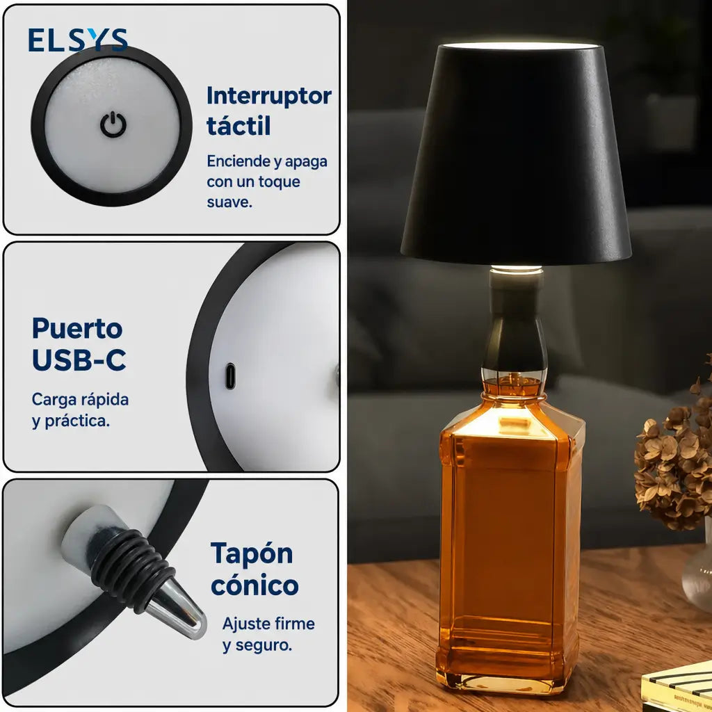Lámpara LED inalámbrica para botella con control táctil, luz RGB regulable y carga USB-C para bar, recámara o camping