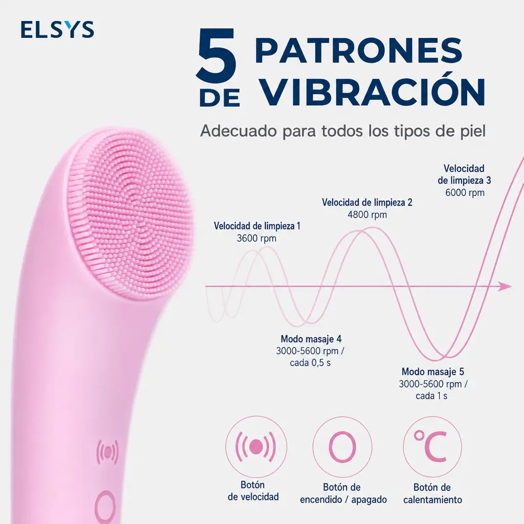 Cepillo facial eléctrico de silicón con calor 40°C y 5 vibraciones para limpieza profunda y exfoliación diaria en todo tipo de piel