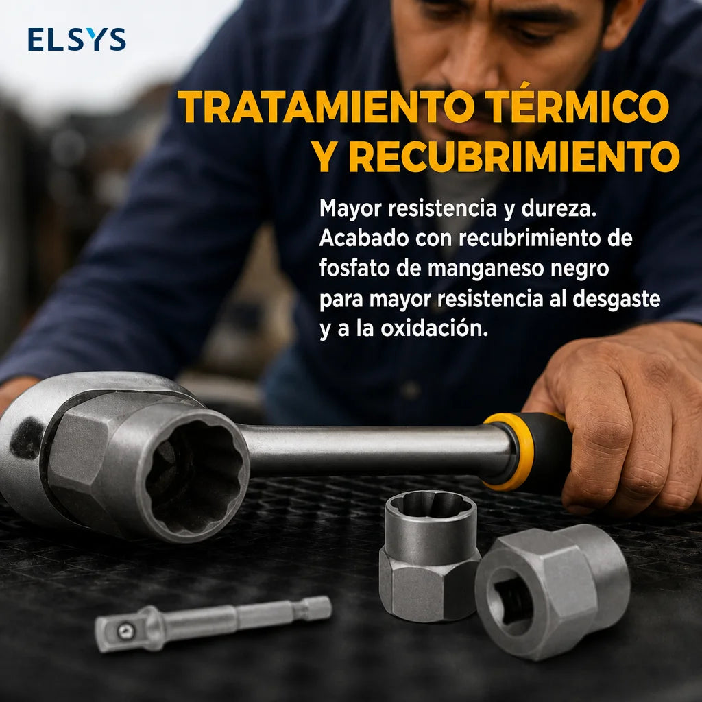 Juego extractor de birlos y tuercas dañadas 14 piezas, acero Cr-Mo, para taller mecánico y reparaciones de auto con estuche