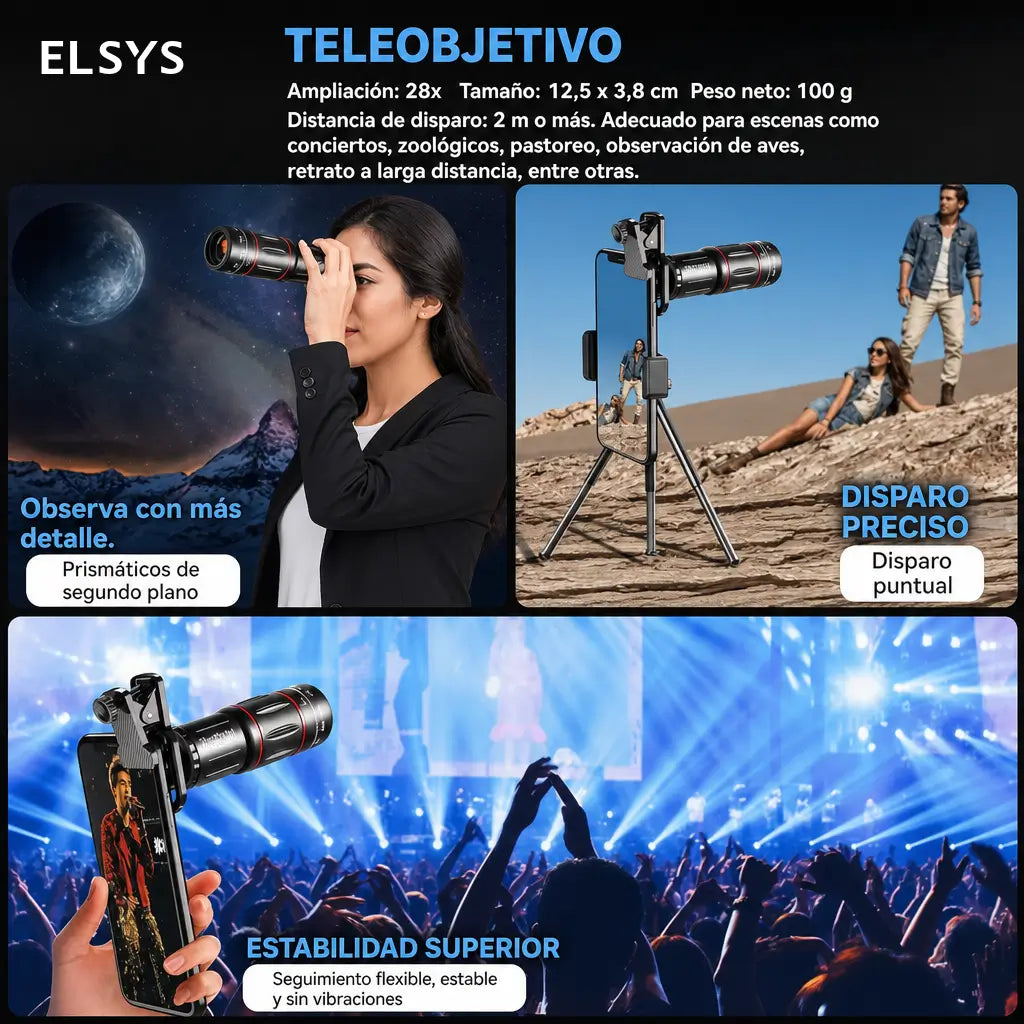 Lente telefoto 28X-36X para celular con clip universal para fotos y videos HD en conciertos, viajes, aves y paisajes lejanos