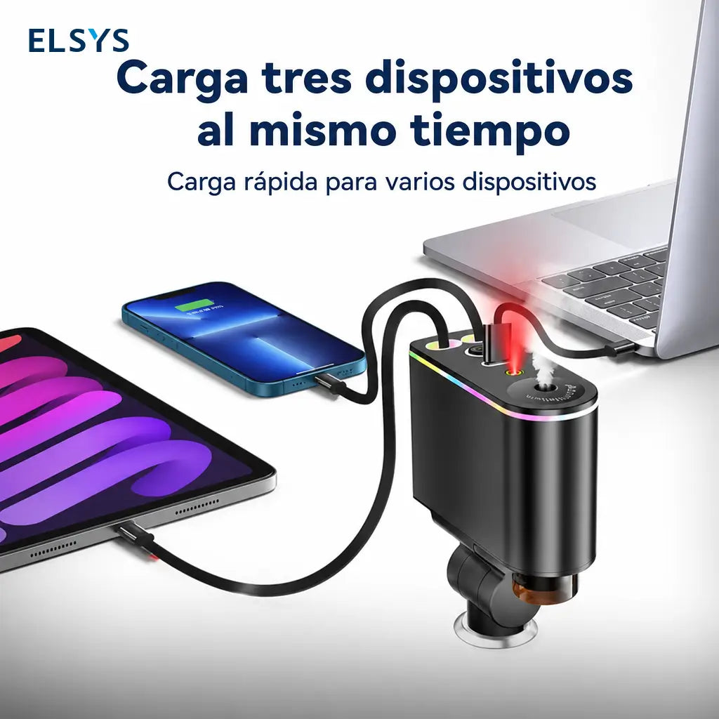 Cargador retráctil para auto 66W con USB-C y Lightning, difusor aromático y luz estrellada para cargar tu celular sin enredos diarios
