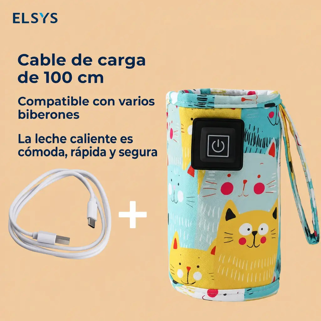 Calentador portátil USB para biberón con 3 temperaturas y funda térmica con gatitos para casa, viajes y salidas con bebé diarias