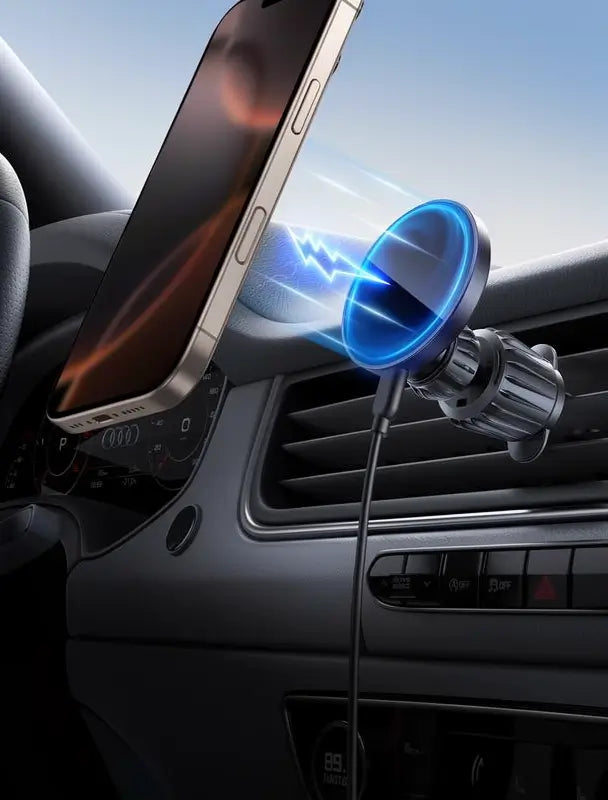 Cargador MagSafe de 15W para Auto y Soporte Magnético – [Clip para Rejilla y Adhesivo para Tablero 2 en 1] Porta Celular Inalámbrico de Carga Rápida para iPhone 16/15 Pro Max Ajustable