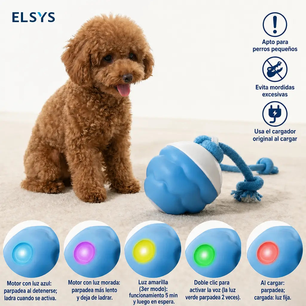 Pelota interactiva recargable para mascotas con movimiento automático y sonido, ideal para juego diario de perros pequeños y gatos en casa