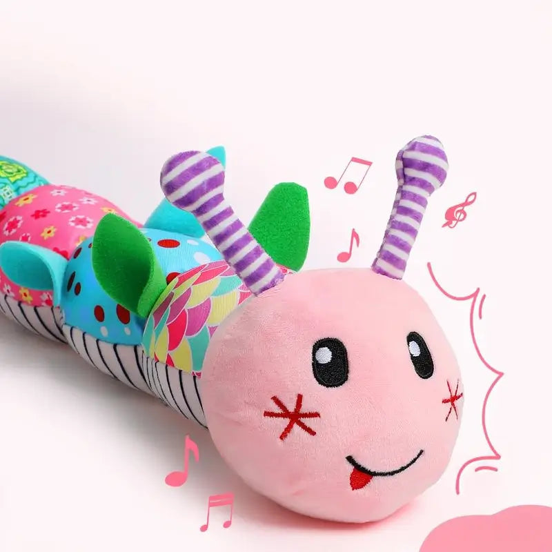 Juguetes para Bebé Recién Nacida, Juguete de Estimulación Temprana y Tummy Time, Peluche Musical con Sonajas y Texturas, Regalo para Bebés, Oruga Rosa