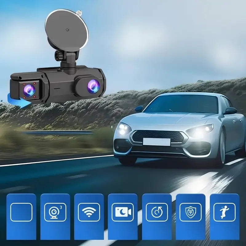 Cámara de Tablero de 3 Canales para Auto con Tarjeta de 32GB, WiFi, Requiere Conexión Continua