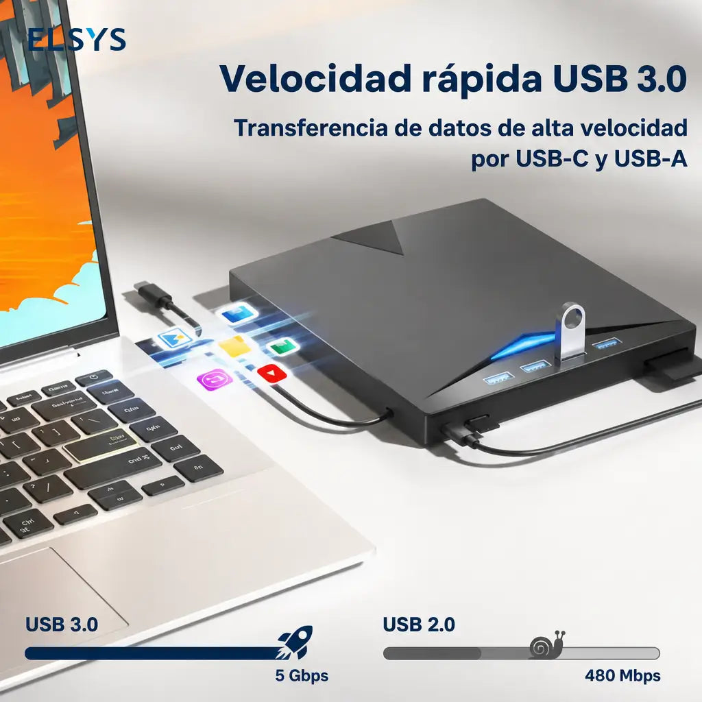 Unidad de DVD externa 7 en 1 con USB 3.0 y USB-C para laptop, PC y respaldo de discos en casa u oficina