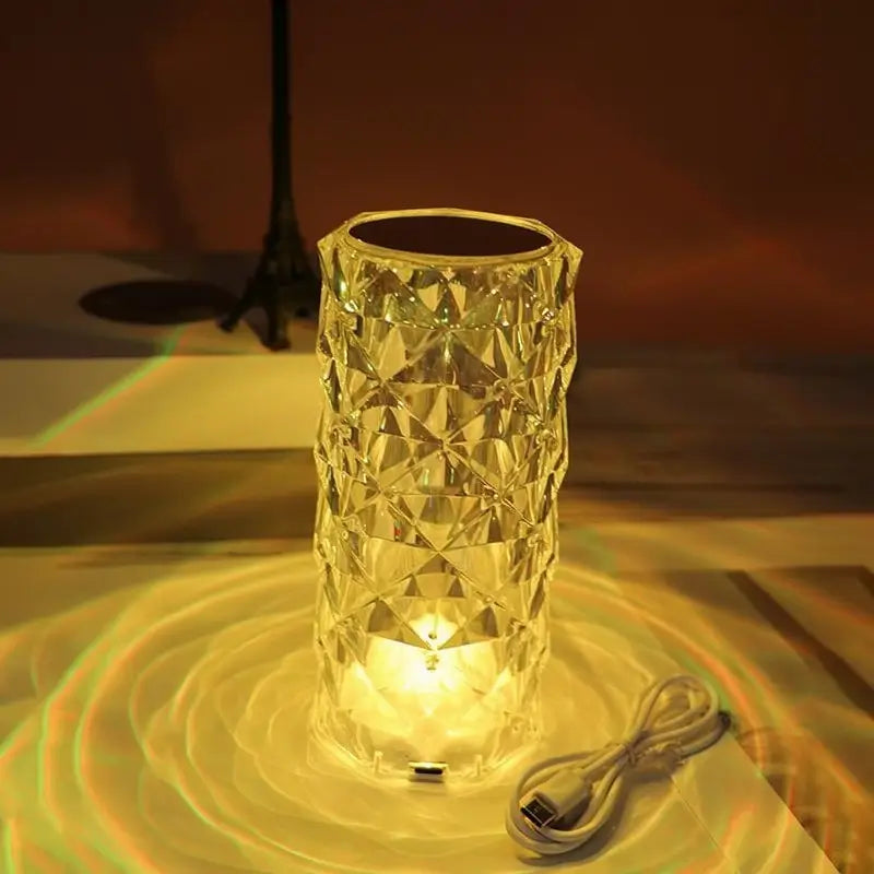 Lámpara de Mesa de Cristal Artificial de 16 Colores con Diseño de Rosa de Diamante, Luz RGB con Control Remoto, Carga USB y Sensor Táctil para Iluminación Ambiental