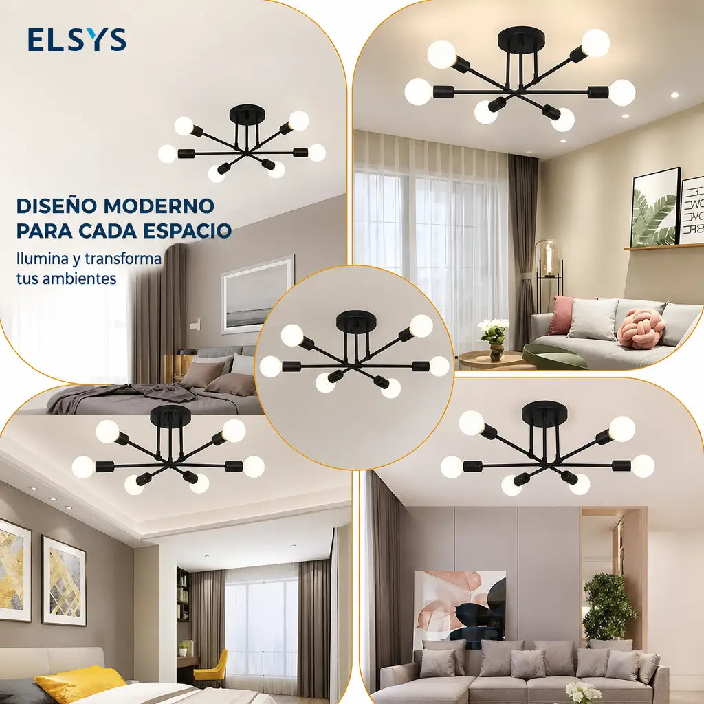 Lámpara colgante negra de 6 luces con casquillo E26/E27, diseño moderno retro para comedor, pasillo, recámara y cafetería con instalación sencilla