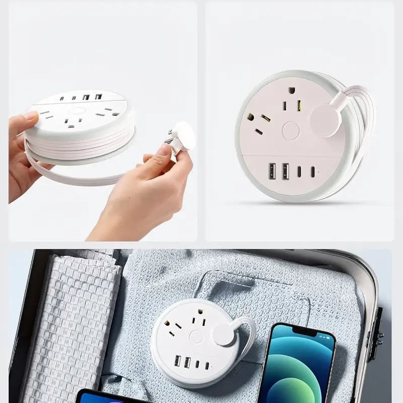 Multicontacto de Viaje Redondo con 3 Salidas de CA y 4 Puertos USB (2 USB-C) – Cable de Extensión Enrollable de 1.2 m, Apto para Cruceros, Esencial para Hotel, Dormitorio y Oficina