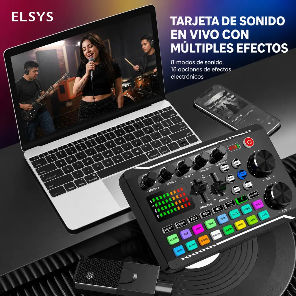 Interfaz de audio F998 con mezclador DJ y cambiador de voz para streaming, karaoke, podcast y gaming en PC portátil recargable