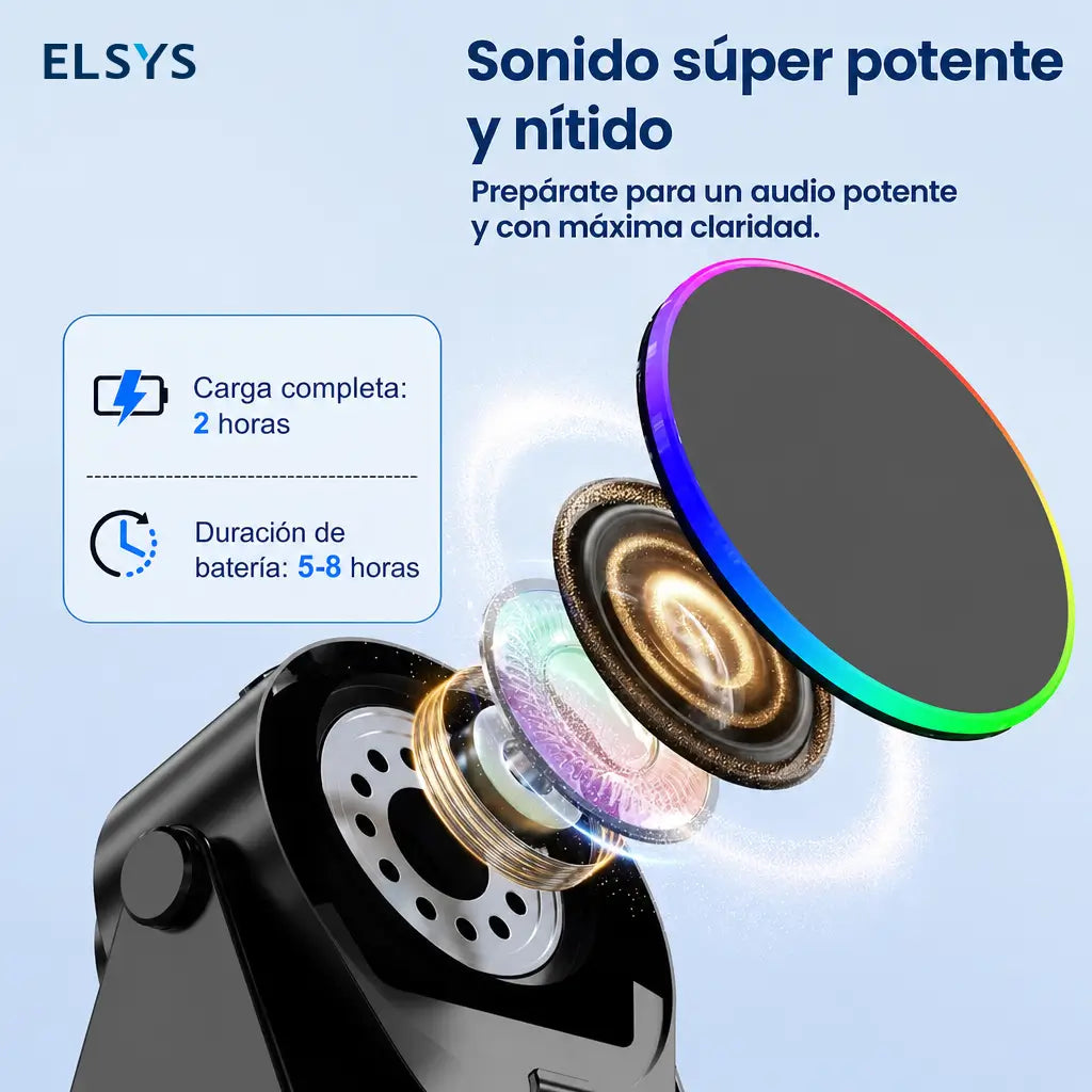 Bocina Bluetooth 5.3 con soporte para celular, giro 360°, luz RGB y audio por inducción para casa, oficina, viajes y tablet