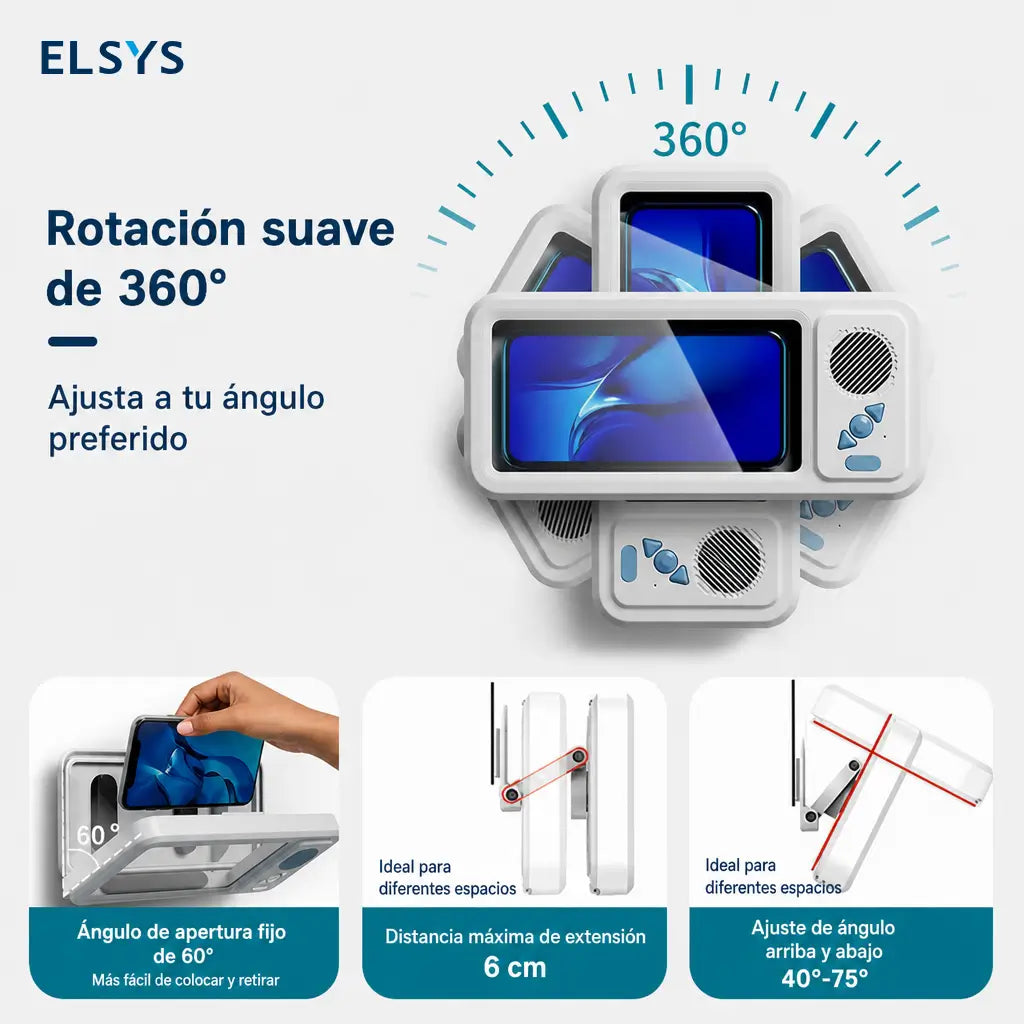 Soporte impermeable para celular con bocina Bluetooth y rotación 360° para ver videos en regadera o cocina sin usar las manos