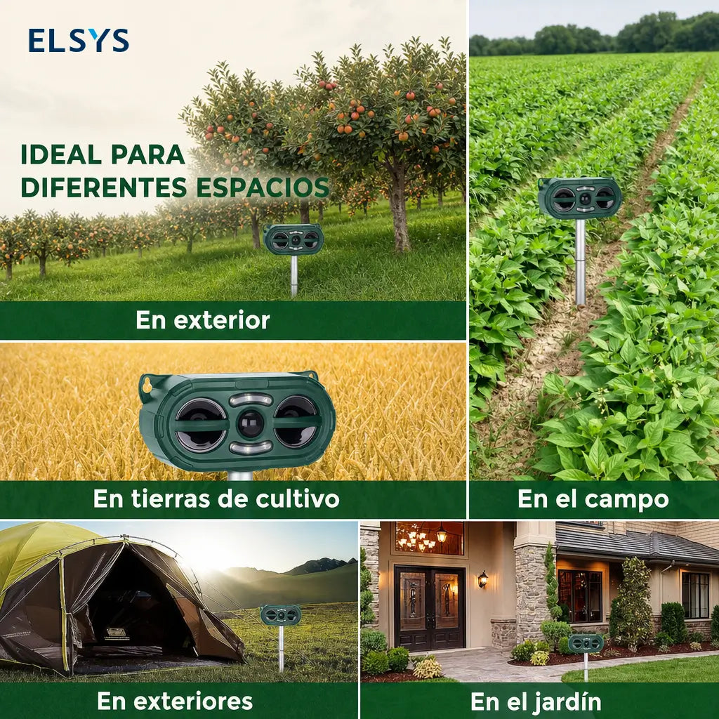 Repelente ultrasónico solar para animales con sensor PIR y LED, cobertura de 120 m² para jardín, huerto y granja exterior