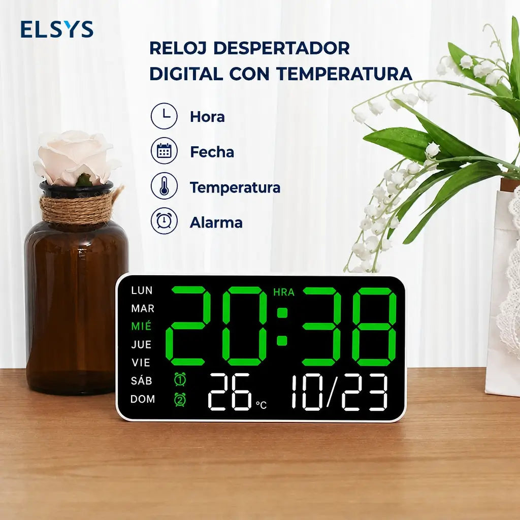 Reloj despertador digital grande con pantalla LED visible, activación por voz, temperatura y doble alarma para buró, sala o pared en casa