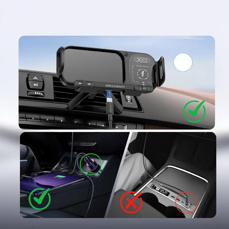 Soporte para Celular de Auto con Carga Rápida Inalámbrica de 15W para Teléfonos Plegables y Estándar, Base de Ventila Ultra Estable con Gancho y Clip, Rotación de 90° y Sujeción Automática con un Botón