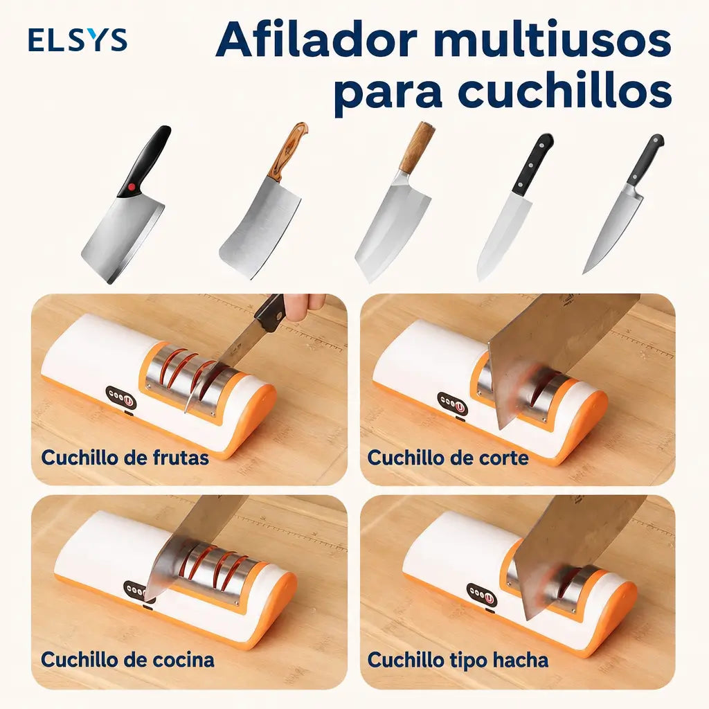 Afilador eléctrico recargable para cuchillos de cocina con ranuras multiuso, ángulo ajustable y diseño compacto para preparar en la cocina diaria