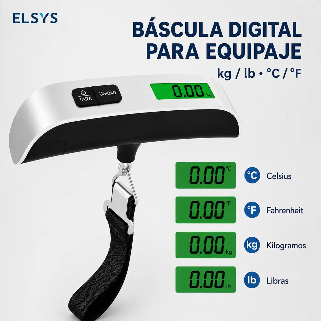 Báscula Digital Portátil para Equipaje con Termómetro y Pantalla LCD, Correa con Gancho para Pesar Maletas en Viajes