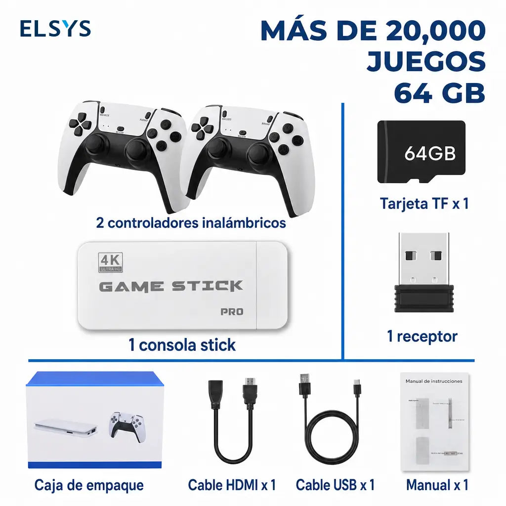 Game Stick retro 4K con 23 emuladores clásicos, 20,000+ juegos y 2 controles inalámbricos para pantalla, monitor o proyector HDMI