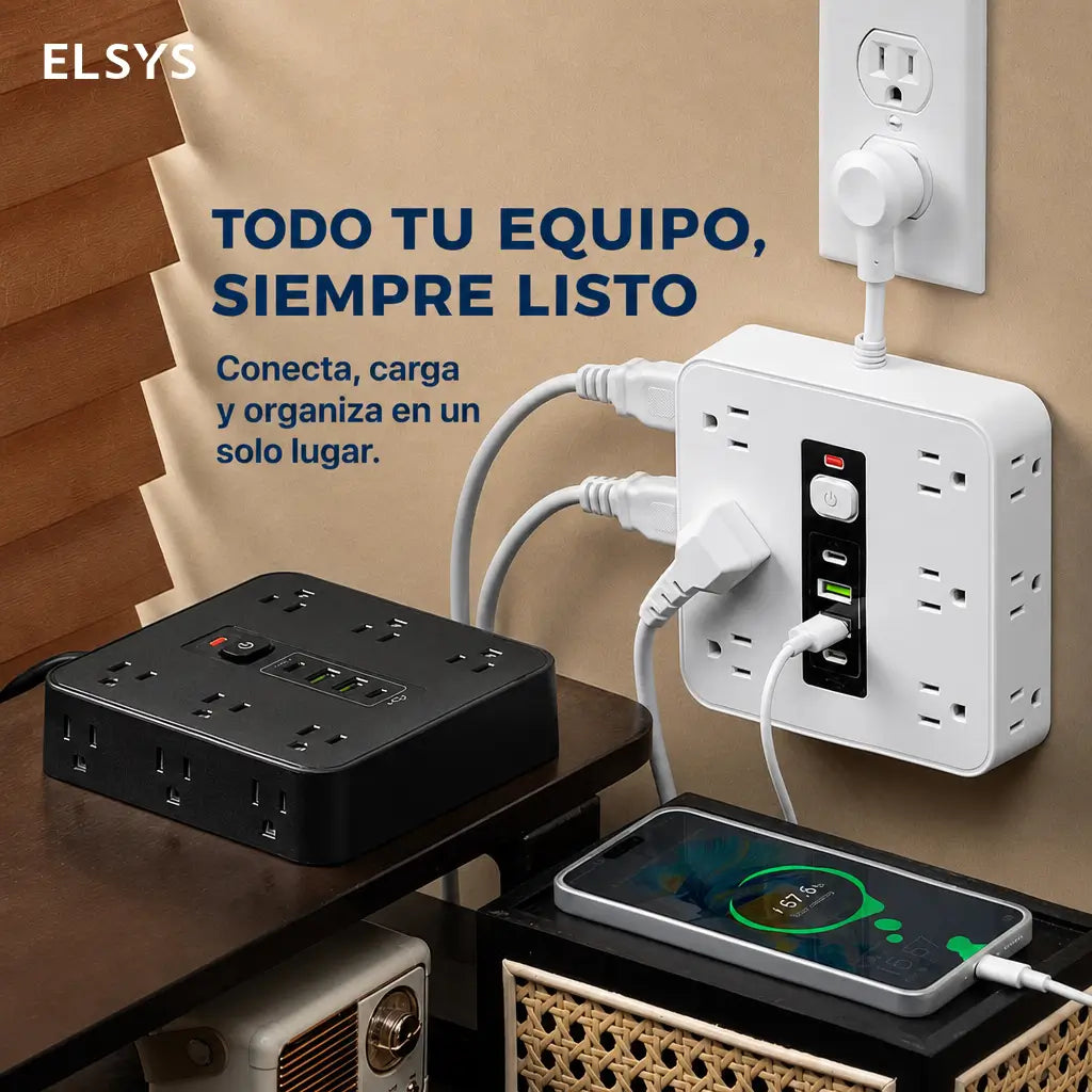 Multicontacto 16 en 1 con protección contra picos, 12 tomas AC y USB-C para carga organizada en casa, oficina o viaje diario