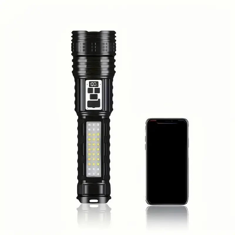 Linterna LED Recargable de Alta Potencia, Lámpara de Mano Multifuncional con Zoom y Luces Laterales para Camping, Pesca y Emergencias, Equipo Táctico Portátil Super Brillante