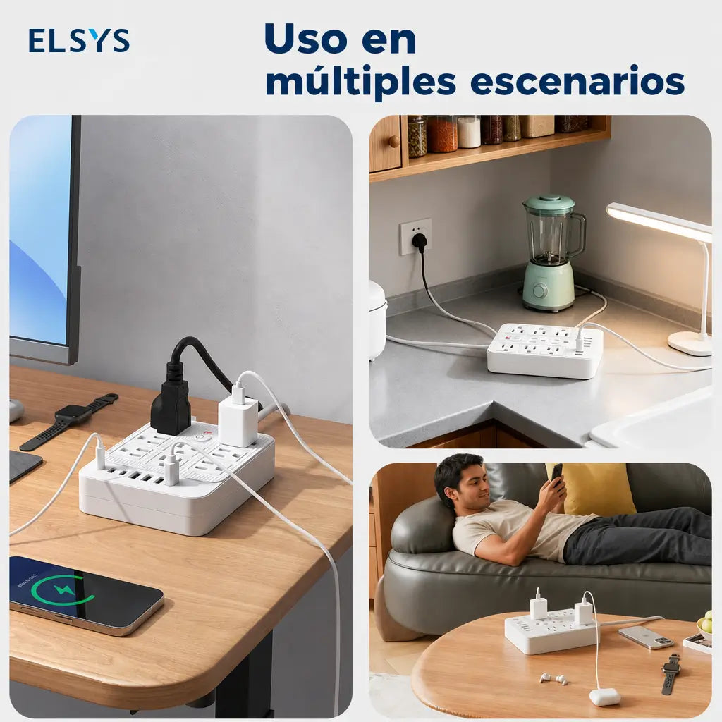 Multicontacto 15 en 1 con 8 tomas, USB-C y protección contra sobretensión para cargar varios equipos en oficina, casa y viajes