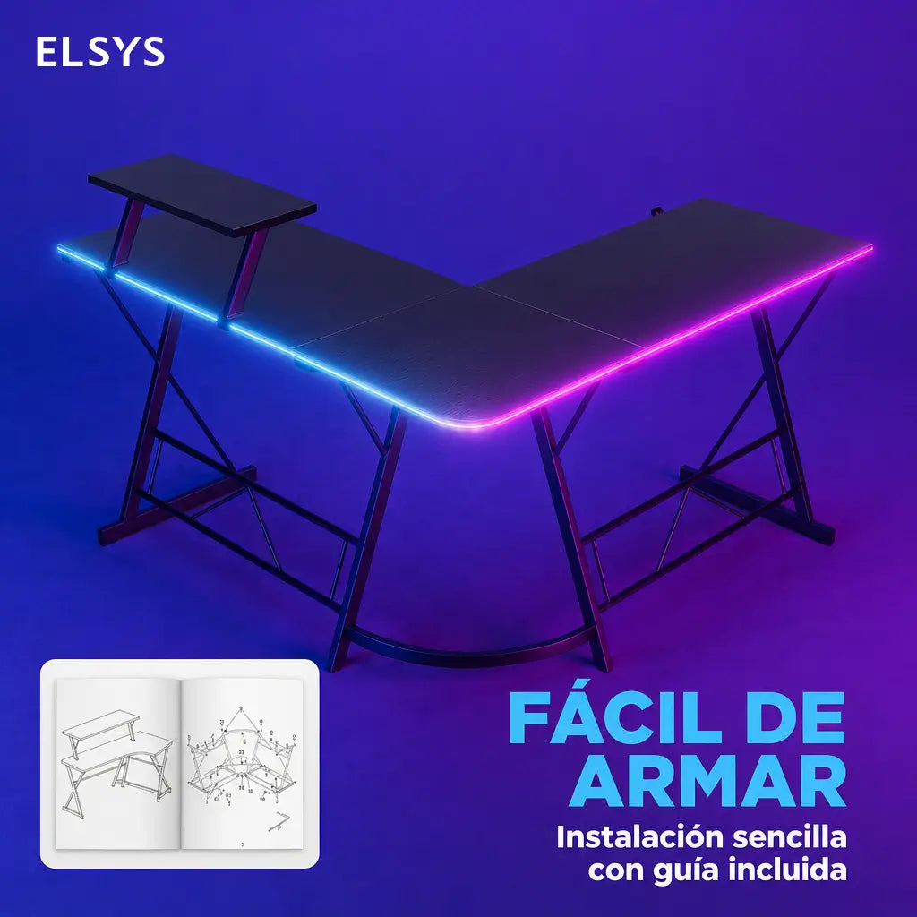 Escritorio gamer en L de 129 cm con soporte para monitor y luces RGB para home office y setup de juego negro estable