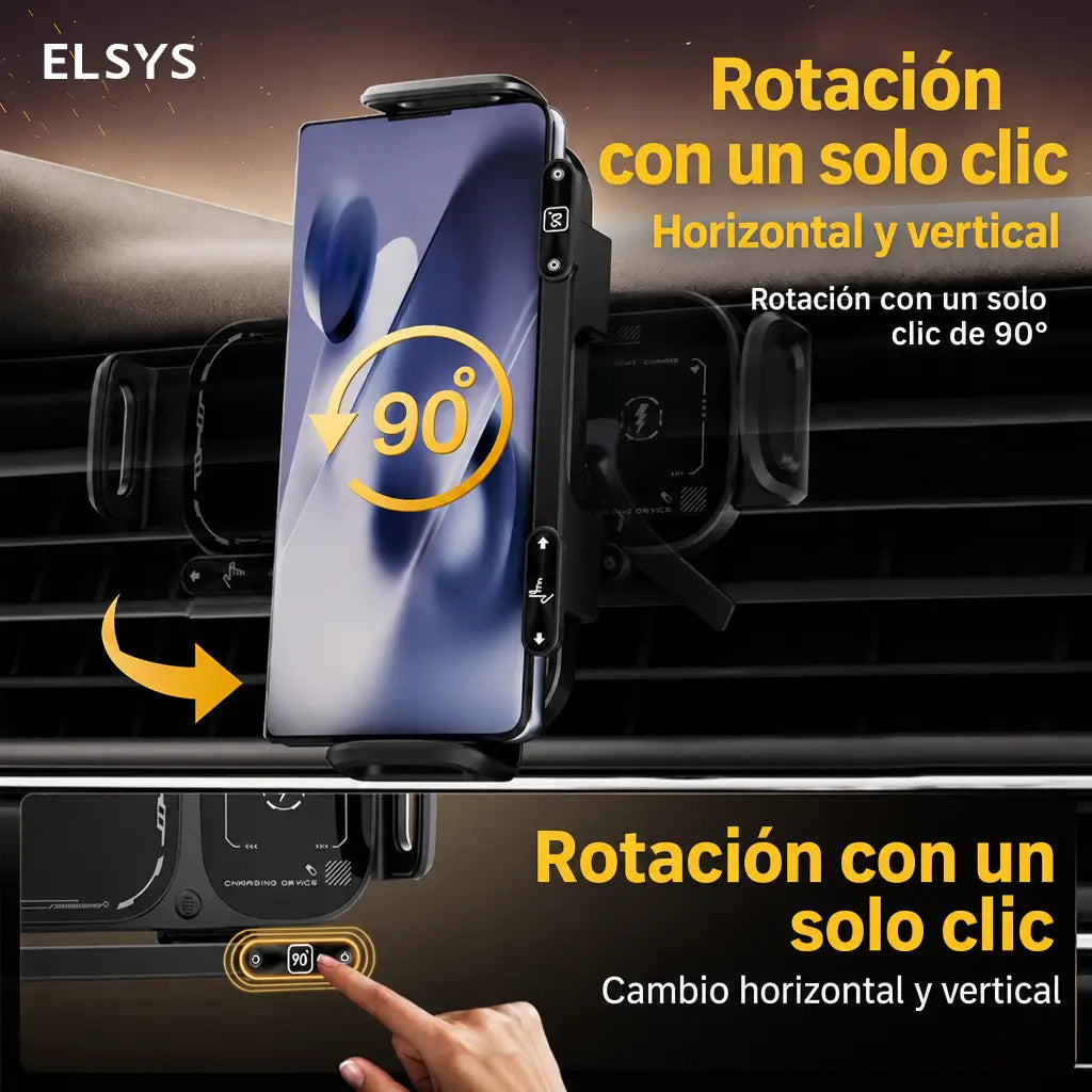 Soporte cargador inalámbrico 15W para auto con sujeción automática y rotación 90°, ideal para celulares plegables y grandes