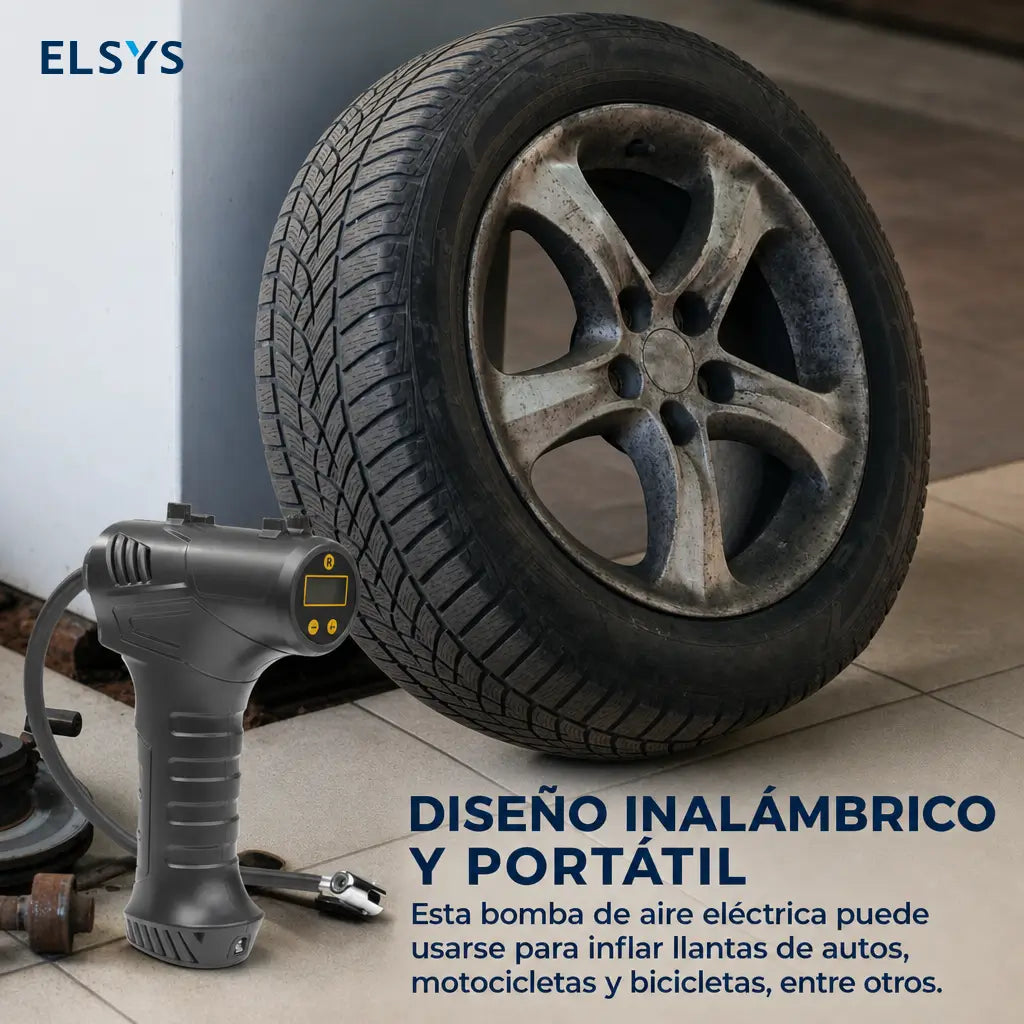 Inflador eléctrico portátil para llantas 150 PSI con luz LED, manómetro digital y boquillas para auto, bicicleta, balones deportivos y SUV